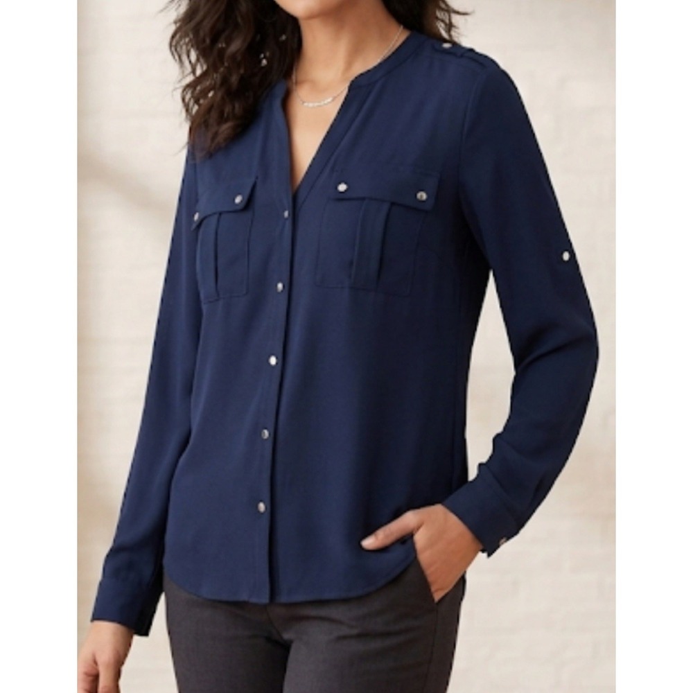 Tahari Women's‎ button Up Roll Tab  Color Navy Blue Size Medium NWT